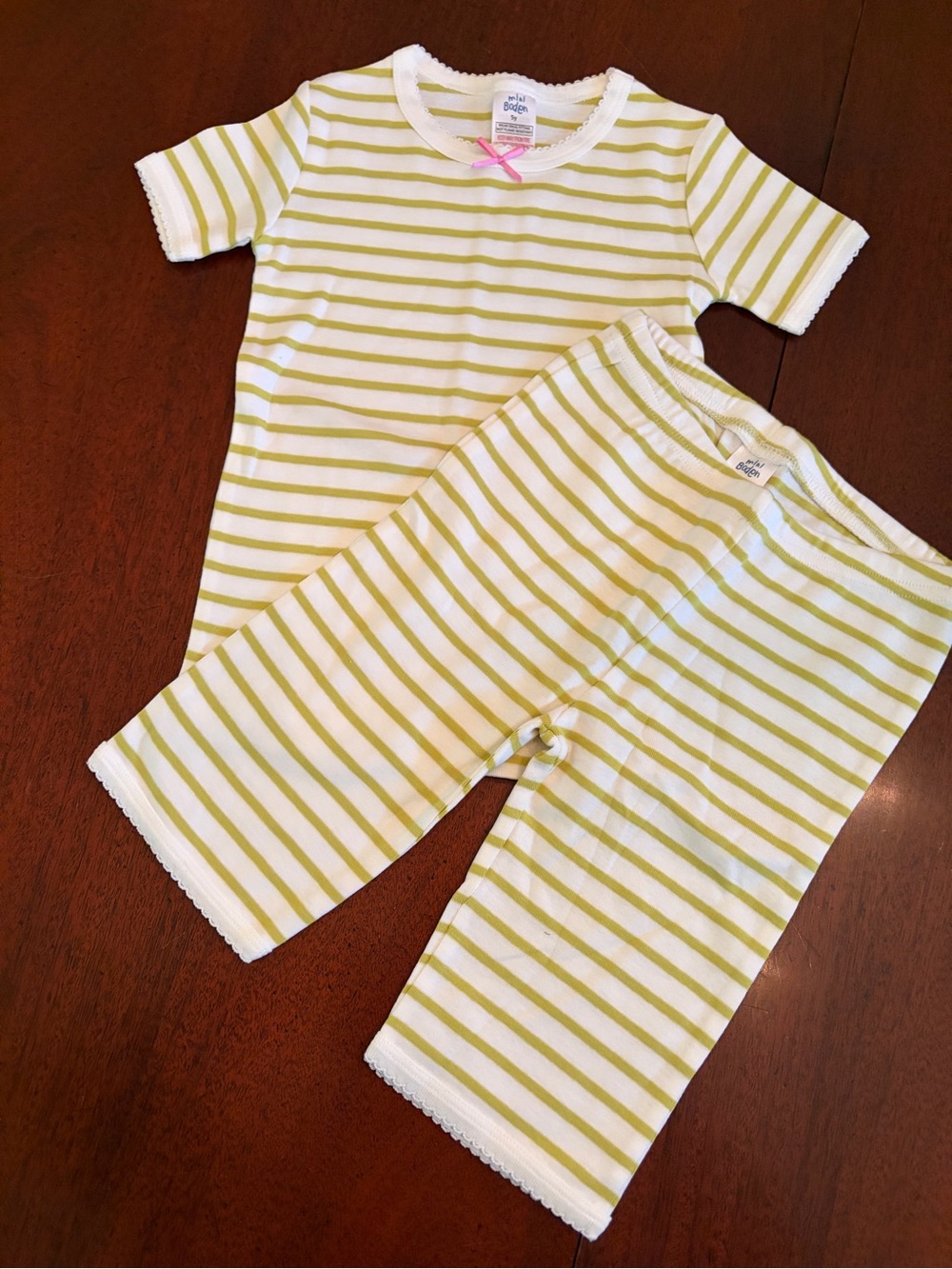 Mini Boden White and Lime Green Striped Pajamas
